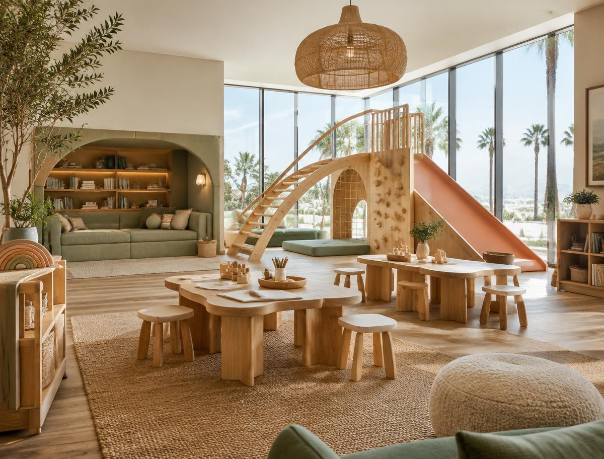 Natural wood climbing structures and sage reading nook in the kids club