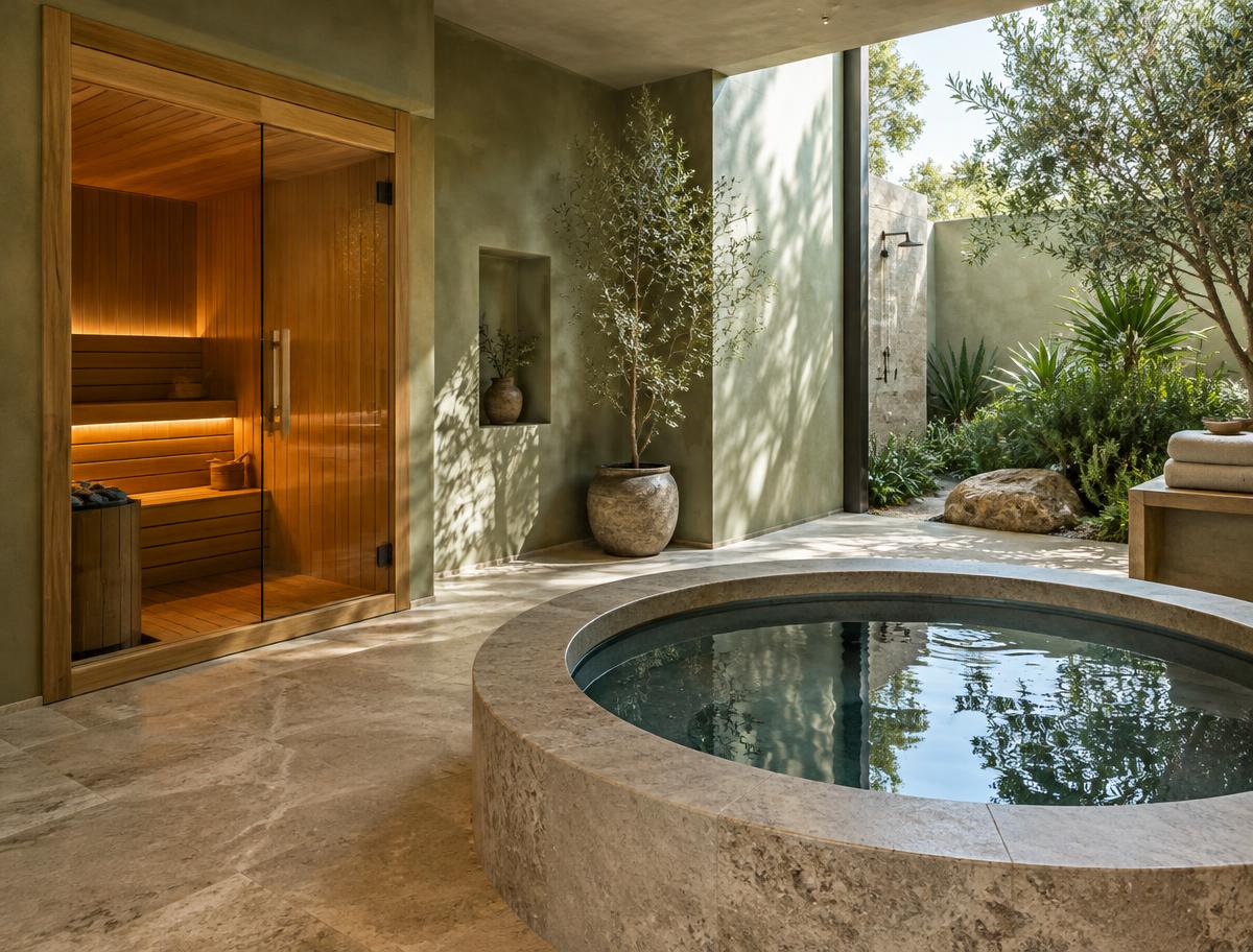 Natural oak sauna and stone cold plunge in a garden-facing recovery space